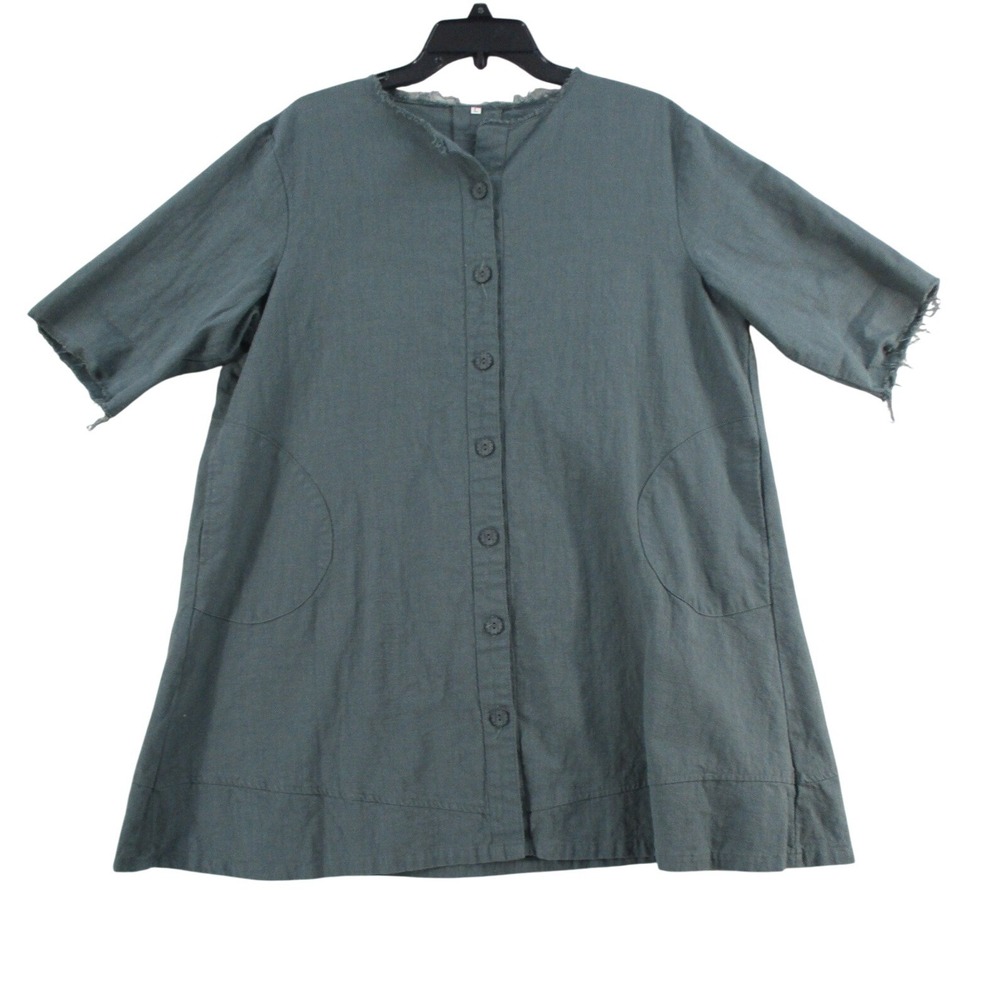 Linen Blend Button Down Tunic Top Blue Green Raw Edge Pockets LL-86030 Mens L